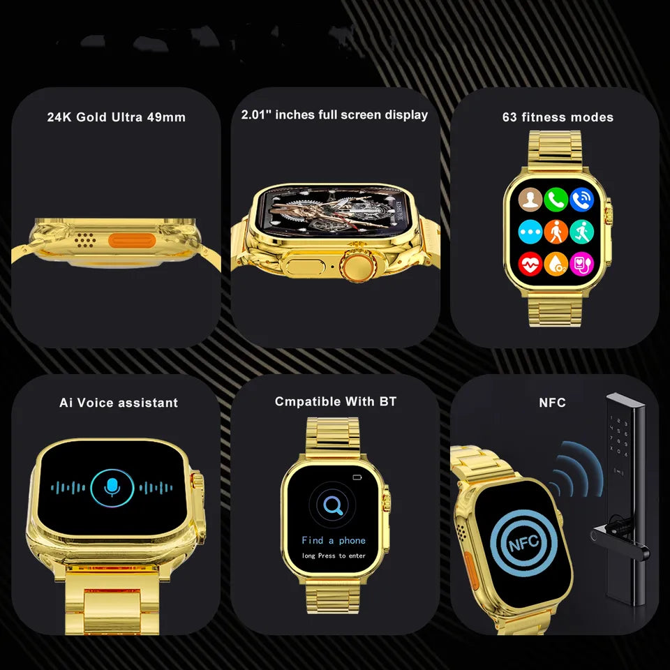 Melbon 24 K Gold Bluetooth Calling Smart Watch 1.9" HD Display Golden Strap Smartwatch for Women & Girls-Gold