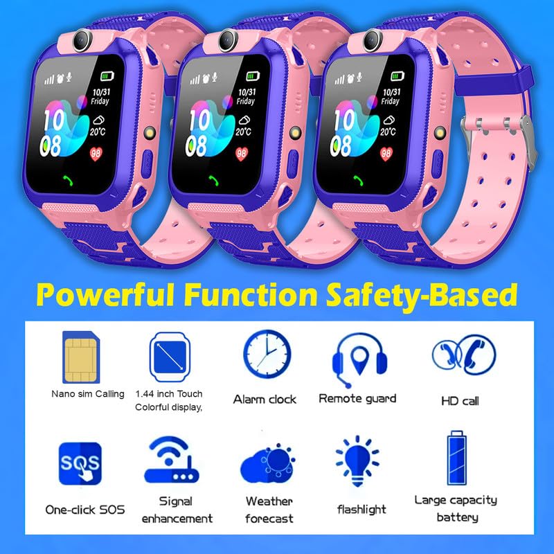 PunnkFunnk Kids Smartwatch LBS Location Tracking Voice Calling Remote Monitoring Geo-Fencing Function Smart Watch-Pink
