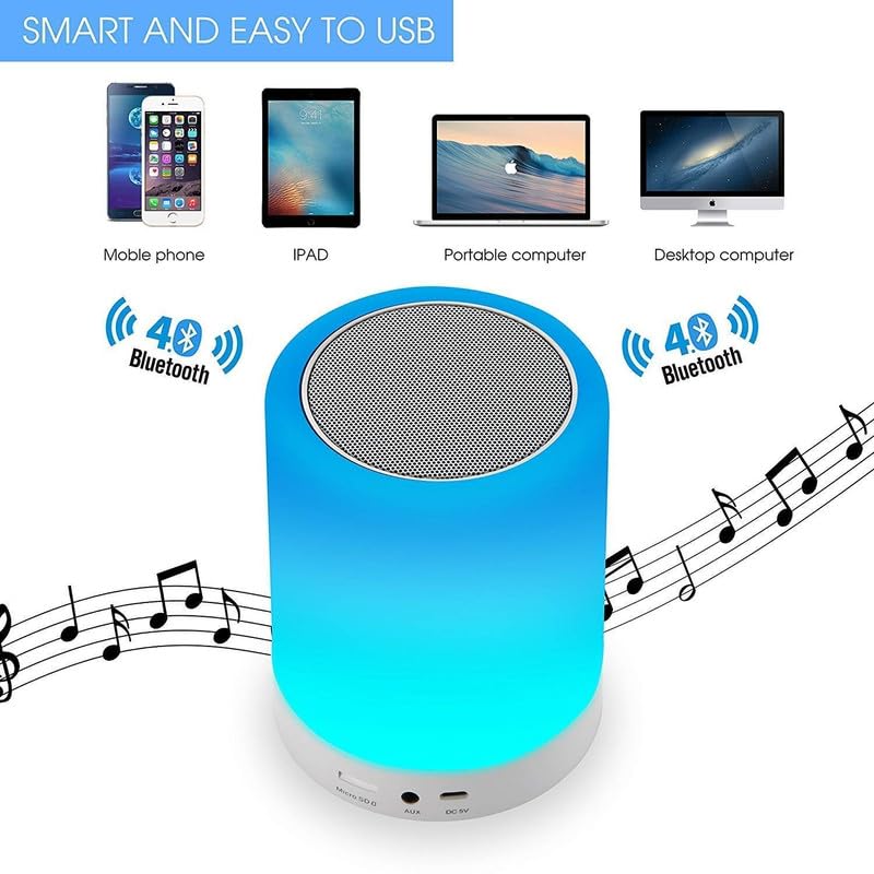 MELBON Touch Bedside Lamp with Bluetooth Speaker, Table Night Light 3 Touch Dimmable Modes and 7 Colors to Switch, Birthday Gift for Women Men Teens Kids