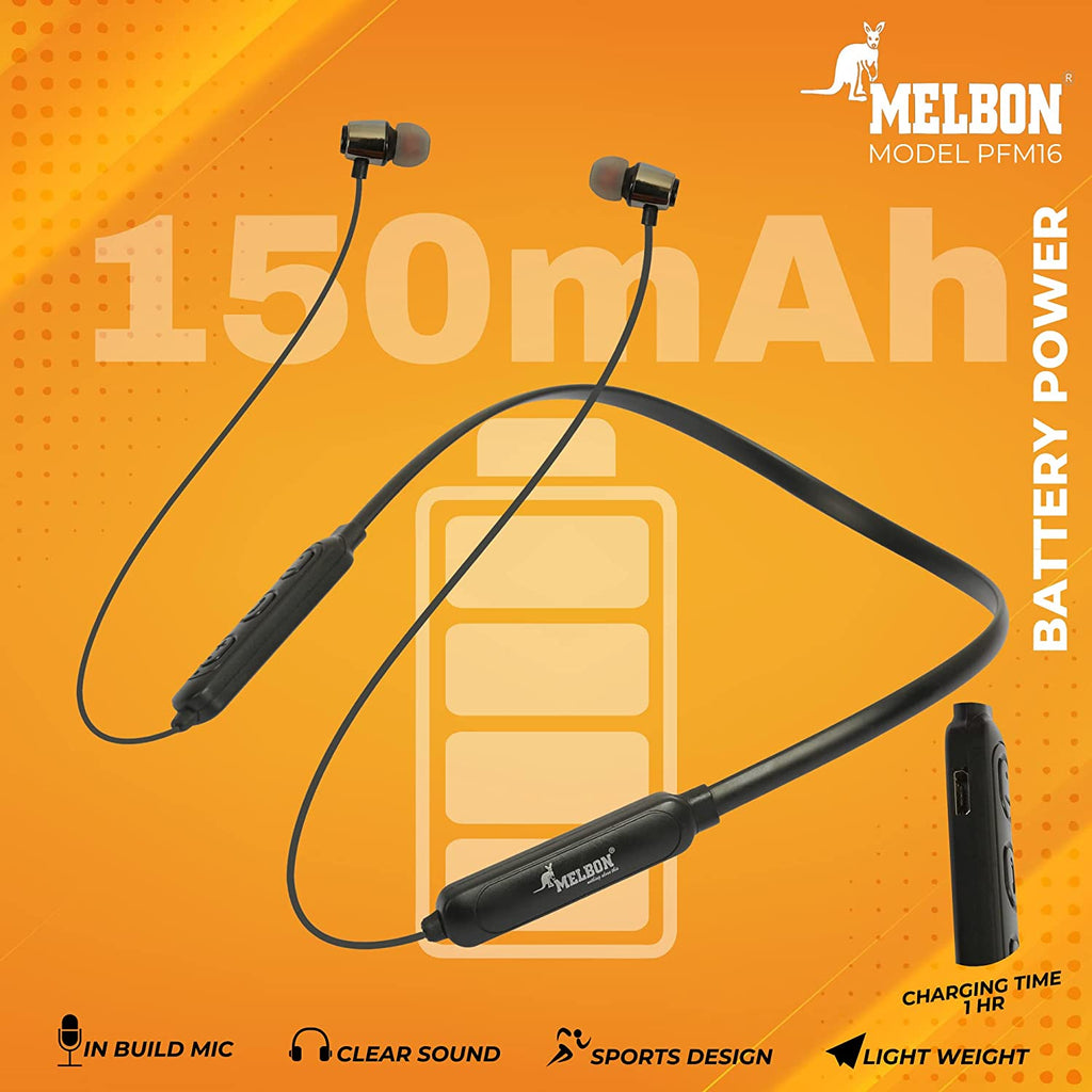 MELBON PFM16 in-Ear Earphones Wireless Neckband with in-Built mic Feature, Upto 12Hours Playtime for Travelling, Gym, and Sports Activities